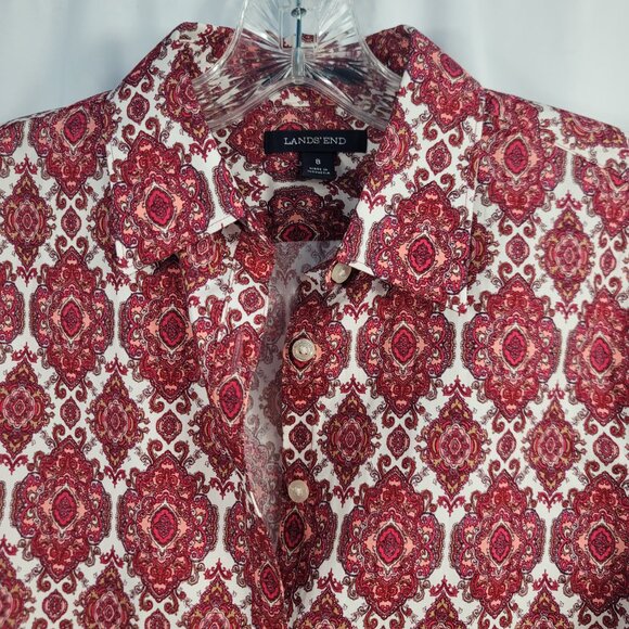 Lands' End No Iron Blouse Size 8 Red & White Paisley Supima Cotton - Picture 5 of 9